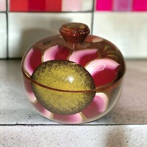 VTG Turned Wooden Bowl w/Lid 5" x 5.5" Trinket Box Pink Flowers Lacquerware